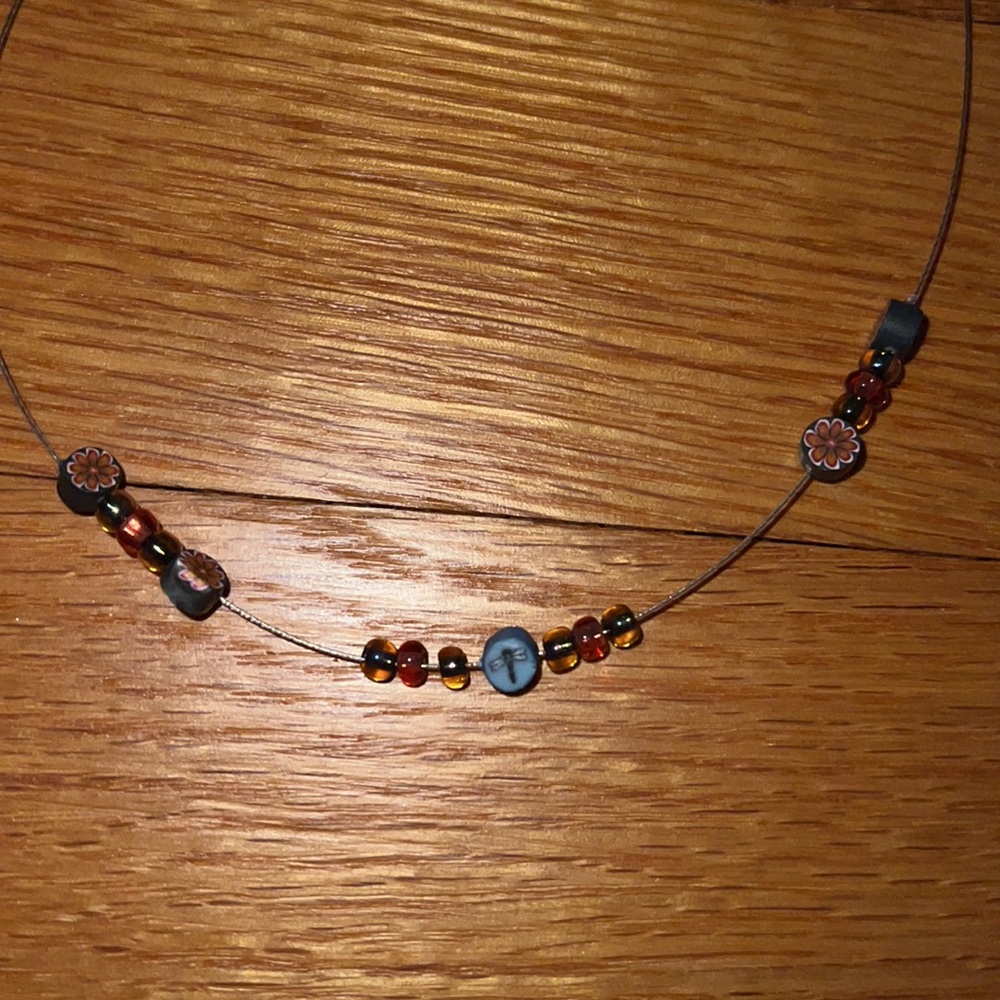 Vintage clay bead dragonfly wire necklace